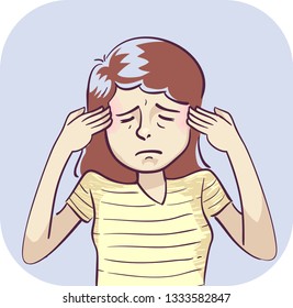 Illustration of a Girl Holding Her Forehead in Pain. Headache