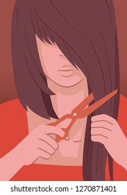 Illustration of a Girl Holding Her Hair and Scissors Cutting Her Own Hair