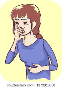 Illustration of a Girl Holding Her Mouth Feeling Nausea