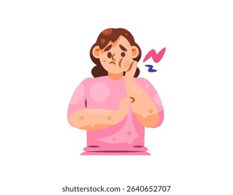 illustration of a girl holding her swollen cheek. feeling uncomfortable and pain in the cheek and teeth. toothache concept. inflammation. health problems. expression and gesture. flat style character 