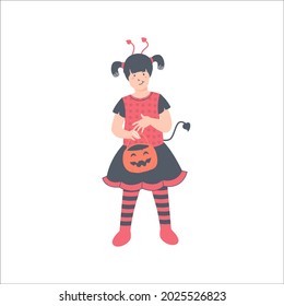 illustration of a girl holding a jack o lantern bucket wearing a devil costume, cute happy girl wear costume in halloween day, halloween character illustration on isolated white background