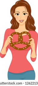 Illustration of a Girl Holding a Large Pretzel