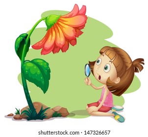 Illustration of a girl holding a magnifying glass under a flower on a white background 