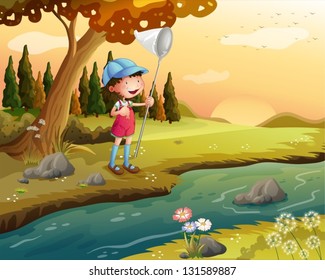 Illustration of a girl holding a net along the river