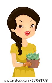 Illustration of a Girl Holding a Pot of a Succulent Plant called Graptoveria Moonglow