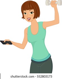 Illustration of a Girl Holding a Remote Control in One Hand and a Dumbbell in the Other Working Out While Watching TV