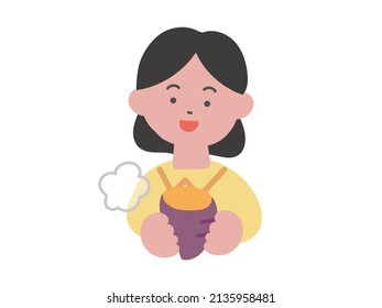 Illustration of a girl holding a roasted sweet potato