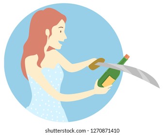 Illustration of a Girl Holding a Saber and Opening a Champagne Bottle