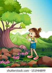 Illustration of a girl holding a shovel at the forest