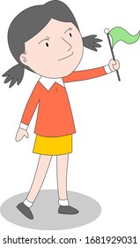 An illustration of a girl holding a small flag.