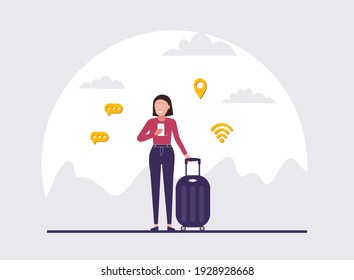 Illustration of a girl holding a smartphone in one hand and dragging a piece of luggage with the other