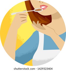 Illustration of a Girl Holding Spoon and Tasting What She Is Cooking. Kitchen Verb Taste