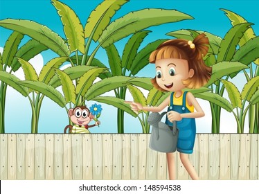 Illustration of a girl holding a sprinkler near the wooden fence