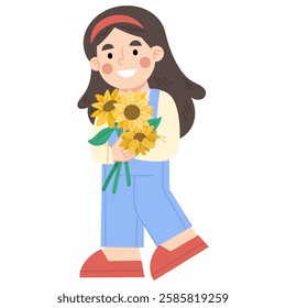 Illustration of girl holding sunflowers in casual outfit