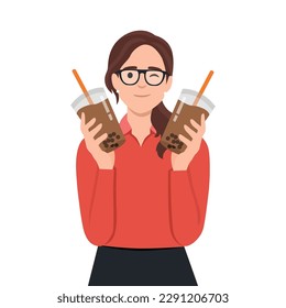 Illustration of a girl holding tapioca pudding or boba drink milk. Flat vector illustration isolated on white background