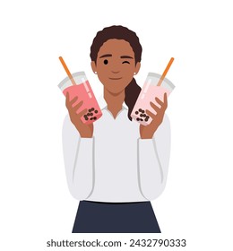 Illustration of a girl holding tapioca pudding or boba drink milk. Flat vector illustration isolated on white background