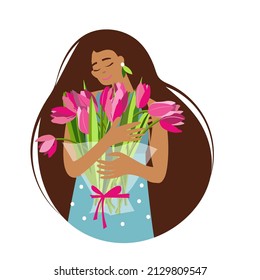 Illustration Girl Holding Tulips On White Stock Vector (Royalty Free ...