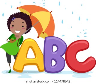 Illustration of a Girl Holding an Umbrella Standing Beside Letters of the Alphabet