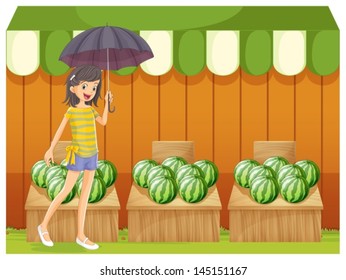 Illustration of a girl holding an umbrella walking in front of the watermelon shop on a white background