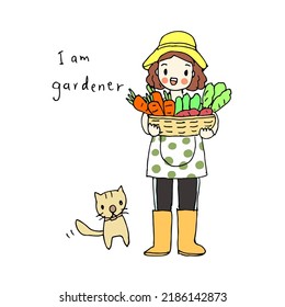 illustration of a girl holding vegetables with cat, Vector on white background