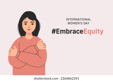 Illustration of a girl hugging herself. Embrace equity banner