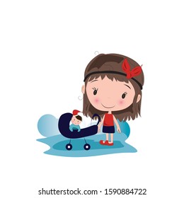 
Illustration of a girl humming with baby and baby trolley. Walking mom and baby. Brother and sister. Family time. Woman's Day. Mother's Day. Illustration for invitation, flyer, booklet and flyer. 