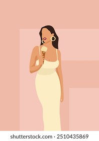 Illustration of girl with ice cream on dark pink background.