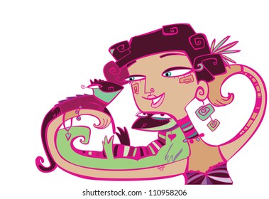 illustration of a girl with an iguana pets