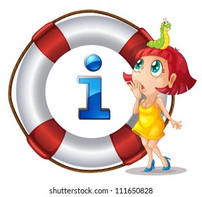 illustration of a girl, insect and lifesaver floating on a white background