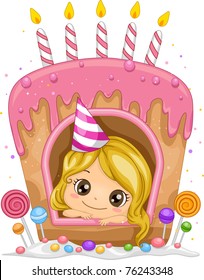 Illustration of a Girl Inside a Cake Shaped Window