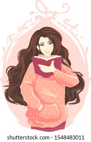Illustration of a Girl Inside a Frame and Reading a Book