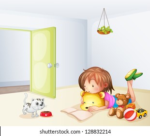 Illustration of a girl inside a room with a cat and toys