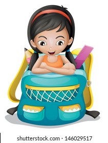 Illustration of a girl inside a school bag on a white background 