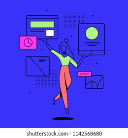illustration of girl and interface elements on blue background