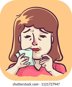 Illustration Of A Girl With Itchy Nose And Sneezing Holding Handkerchief