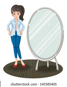 Illustration of a girl with a jacket standing beside a mirror on a white background 