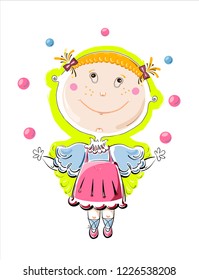 Сhildish illustration of a girl with jangling balls, sketch vector graphic colour illustration on white background