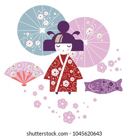 Illustration of a Girl Japanese woman in kimono with parasol, fish vetroduem fan. Cartoon style. Floral decor cherry blossom flowers, cherry blossom. Perfect for the spring season greetings