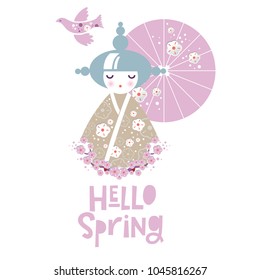 Illustration of a Girl Japanese woman in kimono with parasol, fish vetroduem fan. Text Hello spring. Floral decor cherry blossom flowers, cherry blossom. Perfect for the spring season greetings