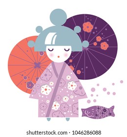 Illustration of a Girl Japanese woman in kimono with parasol, fish and flowers. Floral decor cherry blossom flowers, cherry blossom. Perfect for the spring season greetings