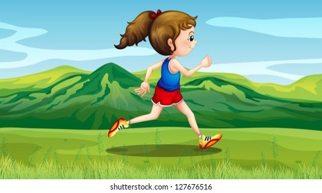 Illustration of a girl jogging near the hills