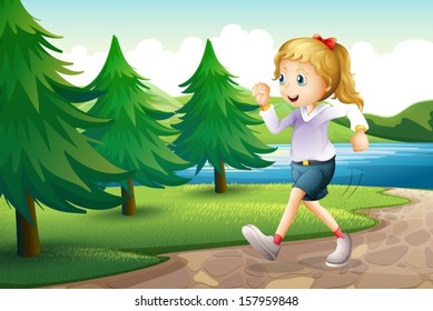Illustration of a girl jogging near the pine trees at the riverbank