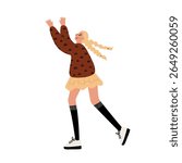 illustration of a girl jumping joyfully. A blonde girl in a brown sweater and a short skirt raises her arms. Playful and cheerful moment in a park scene. Flat vector illustration.