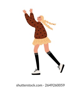 illustration of a girl jumping joyfully. A blonde girl in a brown sweater and a short skirt raises her arms. Playful and cheerful moment in a park scene. Flat vector illustration.