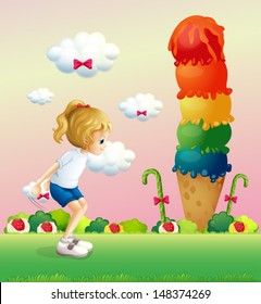 Illustration of a girl in a jumping position near the giant icecream