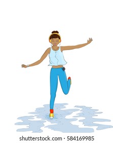 Illustration of a girl jumping in the puddle. Vector