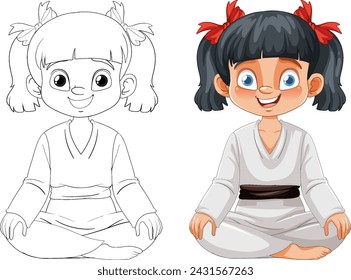 Illustration of a girl in karate uniform, colored and outlined.