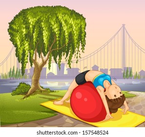 Illustration of a girl keeping her body fit near the tree
