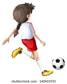 Illustration of a girl kicking a soccer ball on a white background