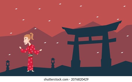 An illustration of a girl with Kimono under the Torii gate